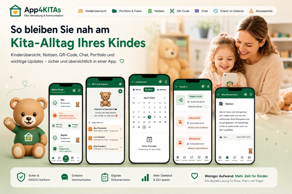 App4KITAs Eltern-App: So bleiben Sie nah am Kita-Alltag – Kinderübersicht, Portfolio, Notizen, QR-Code, Chat und Check-in-Historie auf dem Smartphone, DSGVO-konform (KI-generiert)