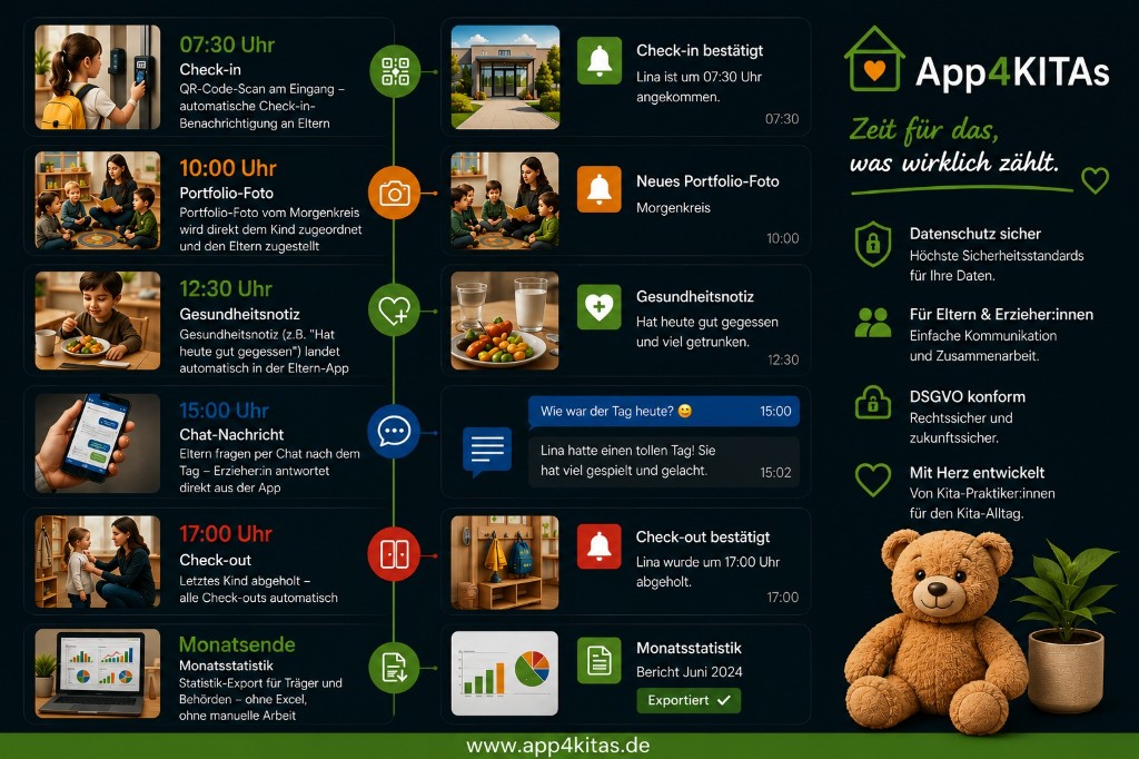 Infografik: Ein Tag in der Kita mit der App4KITAs Kita-App – Check-in, Portfolio, Gesundheitsnotiz, Chat, Check-out und Monatsstatistik (KI-generiert)